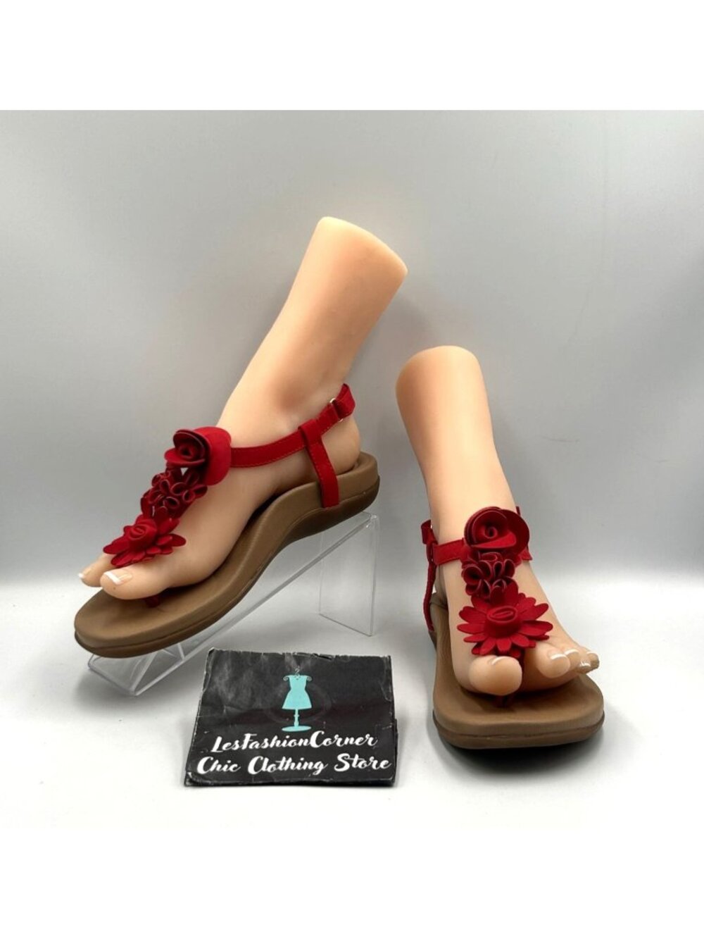 Aetrex Women's Red Floral Charli Thong  Ankle Strap Flats Sandals Size 7 3539